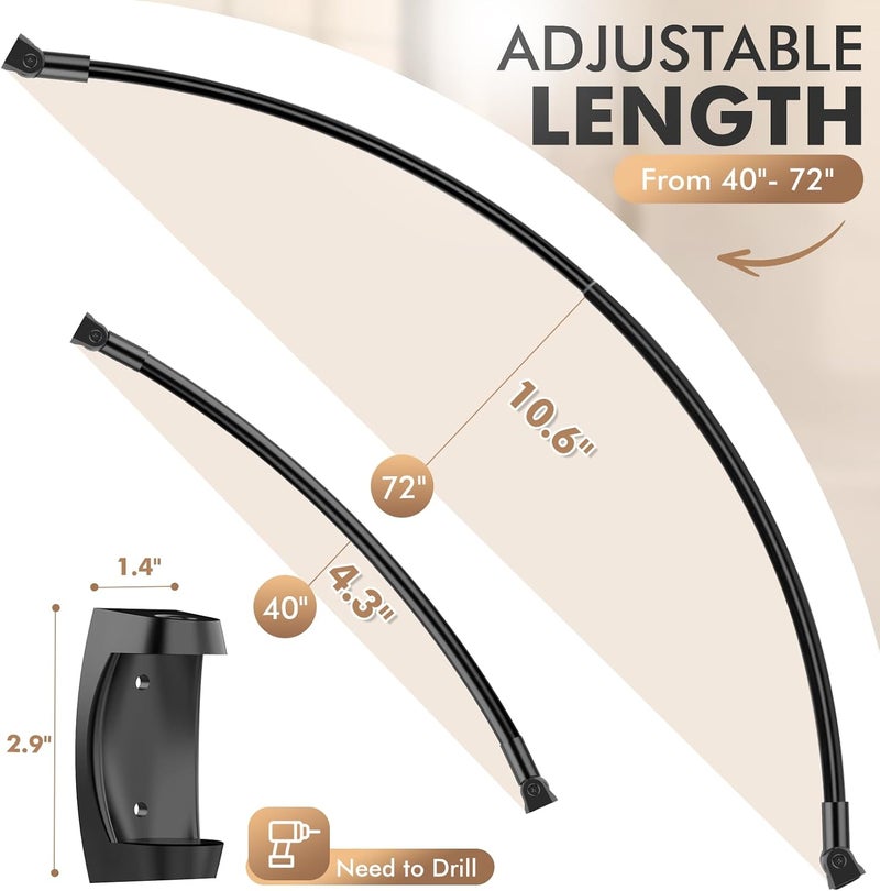 Bonpally Curved Shower Curtain Rod for Bathroom, 40-72 Inches Adjustable Curved Shower Rod, 0.9MM Aluminum Shower Curtain Rod with Rotating Brackets for Extra Shower Space, Need to Drill, Black - Image 3